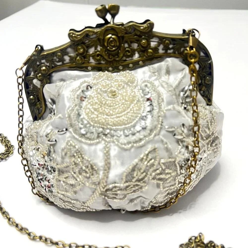 Vintage Style Purse White Satin Embroidered Small Purse With Brass Frame & Chain